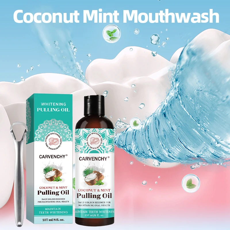 Mouthwash Pulling Oil Teeth Whitening Oral Cleaning Fresh Breath Mouth Wash Tongue Scraper Set Health Care Coconut&Mint 237Ml