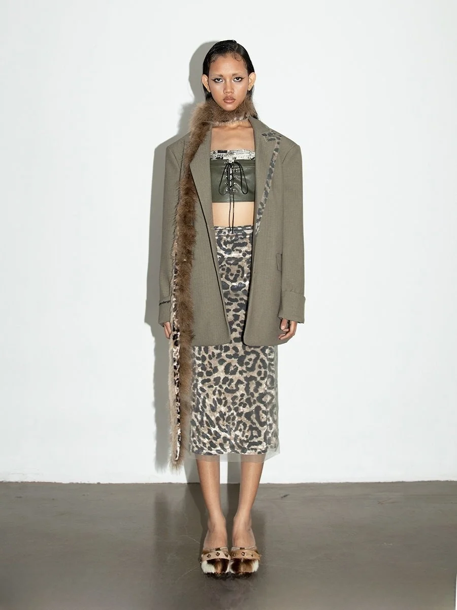 

NOLA Leopard Print Suit Formal Patchwork Brown Pattern Cotton Blend Women's Suit Original Design Slim Fit Long Sve Co...