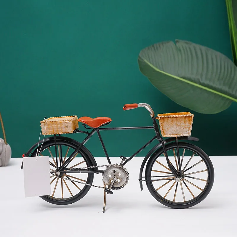 레트로 자전거 모델 홈 데코 장식품 데스크탑 오너먼트 수제 금속 시뮬레이션 클래식 자전거 장난감 바구니 포함
