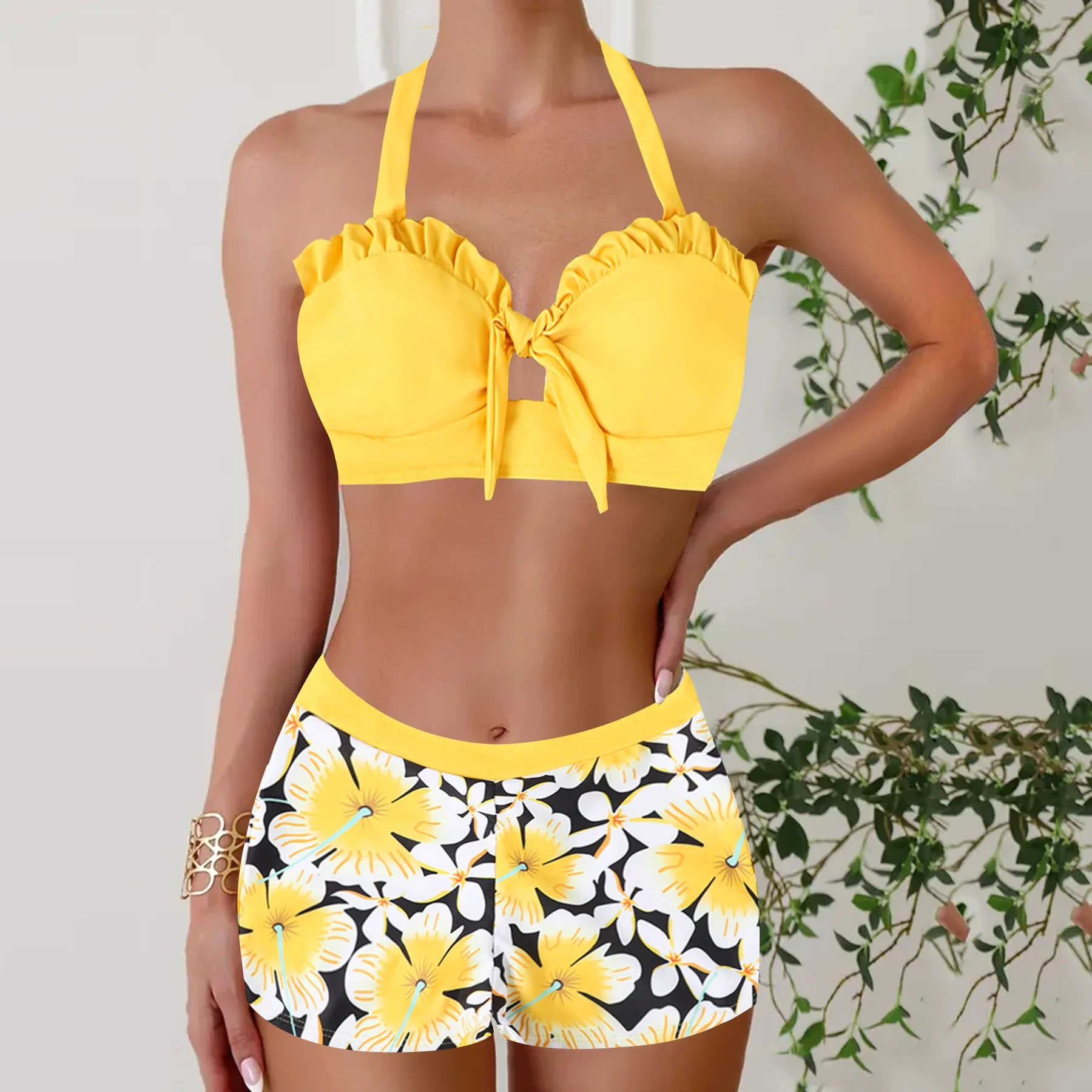 Floral Print Patchwork Black 2 Piece Set Tankini, Round Neck High Waist Stretchy Swimsuits, Women's Summer Bikini Beachwear