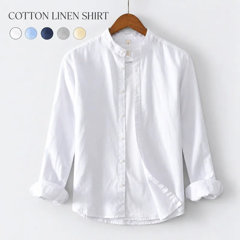 Mens Cotton Linen Stand Collar Shirt Long Sleeve Button Front Solid Color Regular Fit Casual Lightweight Top for Everyday Wear