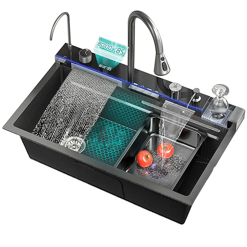 Black Handmade Waterfall Kitchen Sink Anti-Scratch Stainless Steel Single Bowl