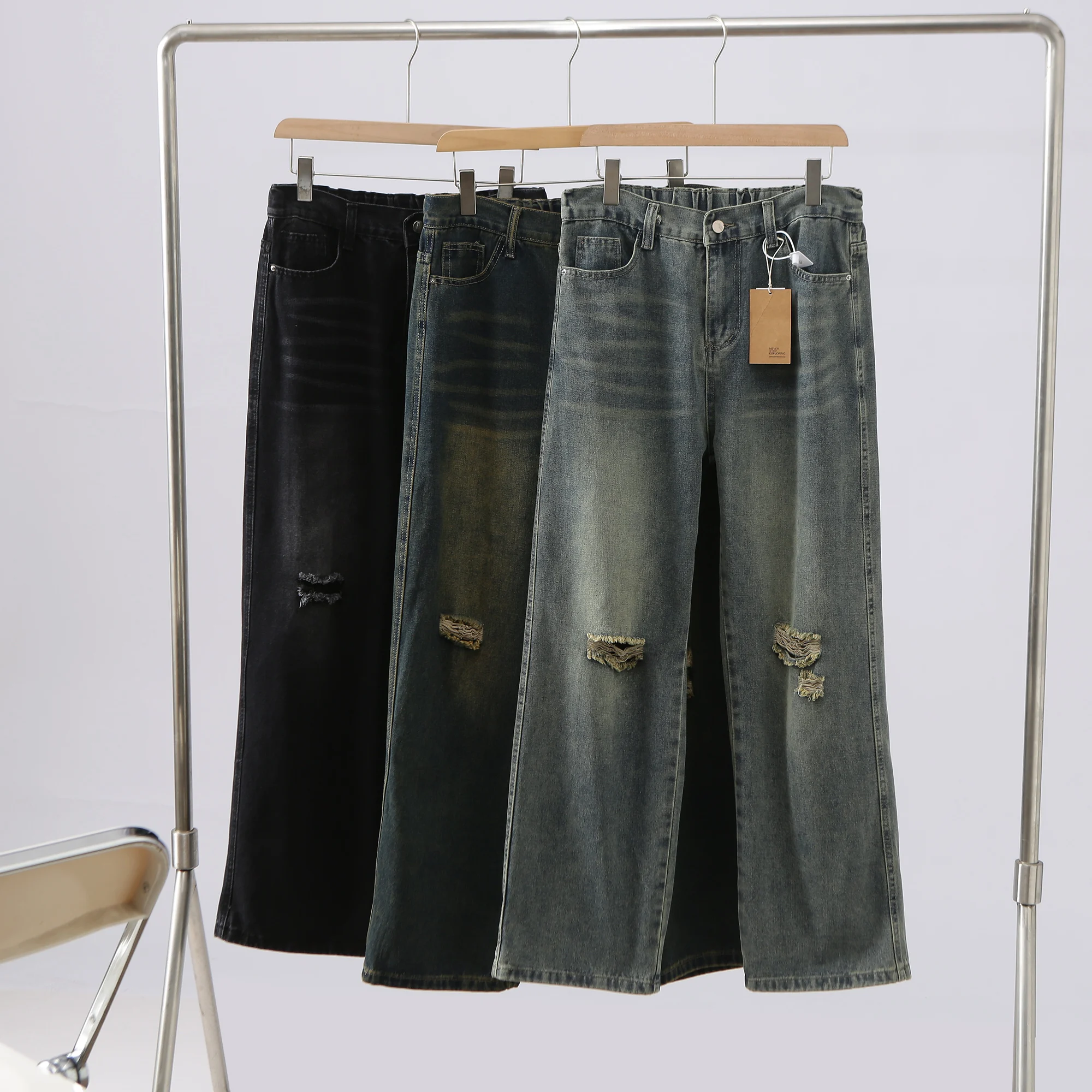 

Тяжелые мужские модные свободные длинные джинсы с отверстиями на талии, весна-лето, современные повседневные брюки