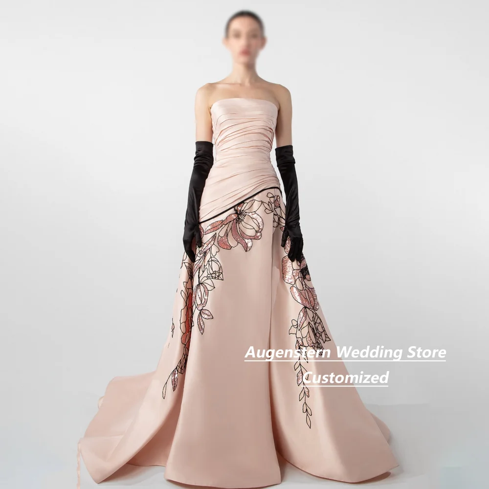 Customized Blush Satin Strapless A-Line Mother Of The Bride Gown Ruched Bodice Sequin Floral Embroidery Long Train Formal Gown