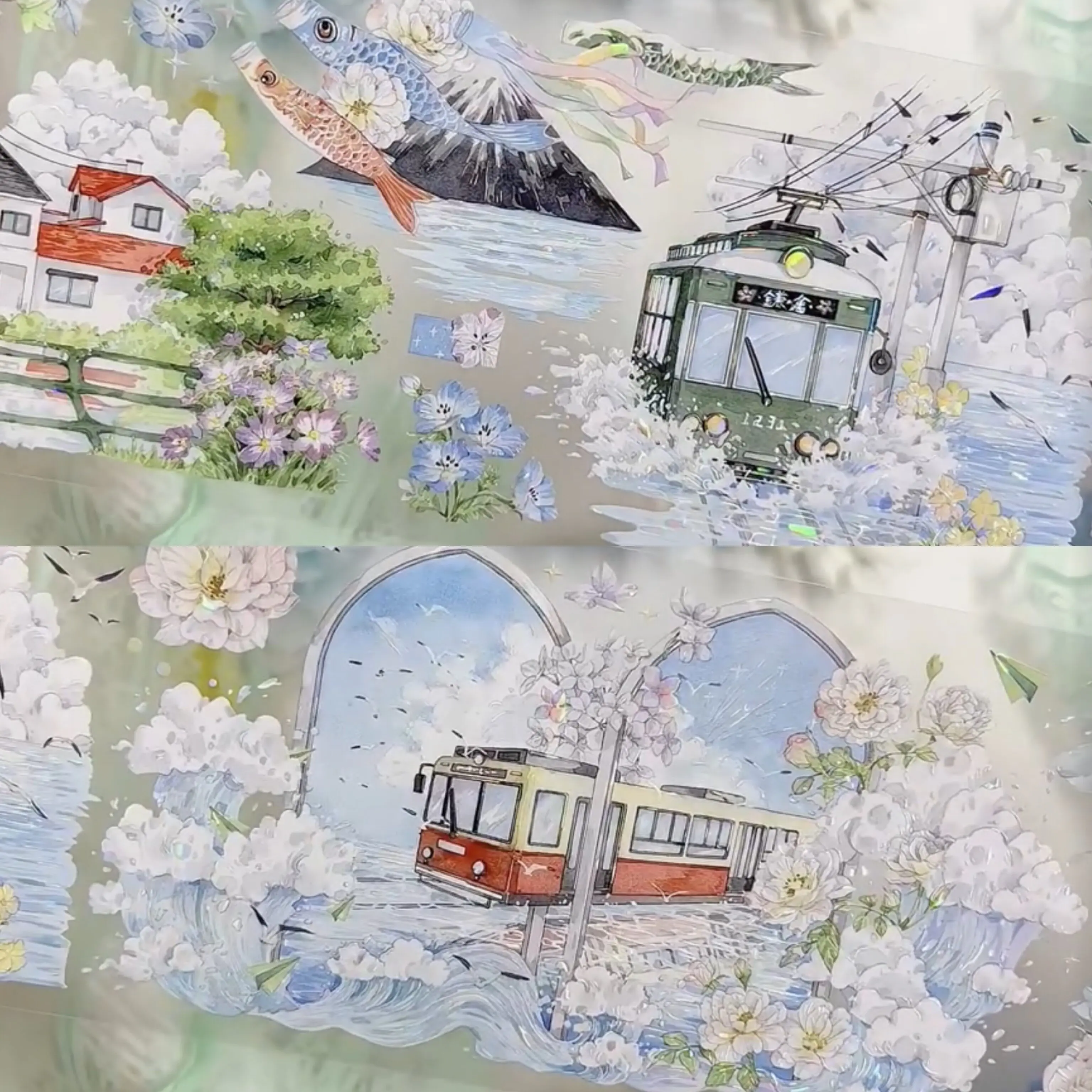 Hasta el final de Kaimachi Tram, estilo anime japonés, fondo paisajístico, collage de diario con motivos de glaciar, cinta washi para mascotas, 1 rollo