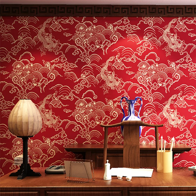 New Chinese Style Wallpaper Dragon Pattern Classical Zen Hotel Dining Room Xiangyun TV Background Wall Home Decor Papier Peint