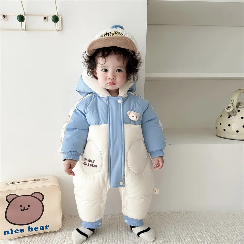 

2024 Winter Baby Boys Bodysuits Cotton Padded Hooded Warm Infant Boys Snowsuit Cartoon Plus Velvet Thick Toddler Boys Overalls