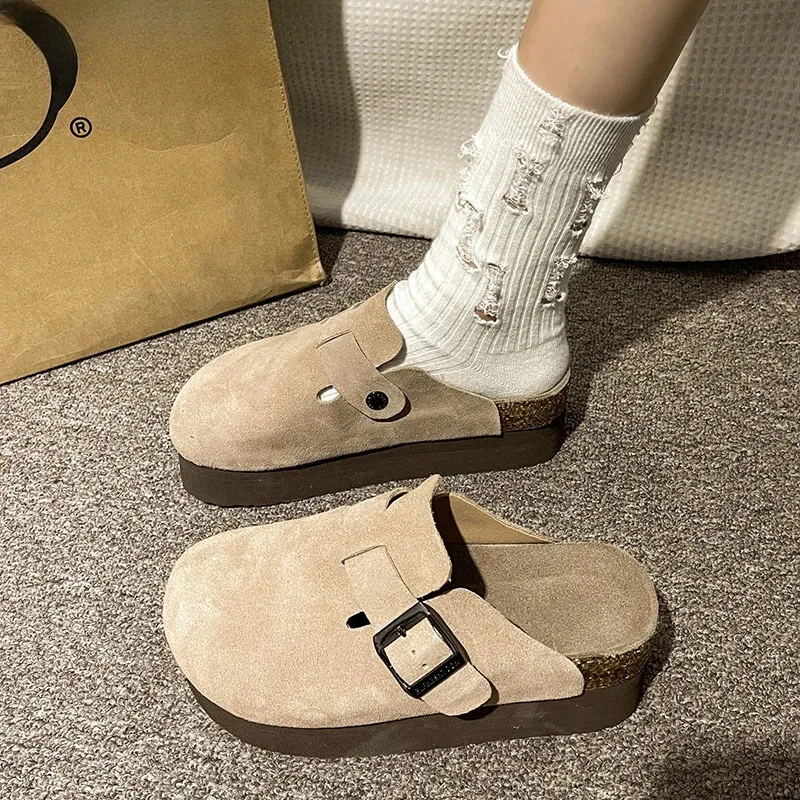 2024 Women\'s Suede Mules Slippers Platform Flats Boston Clogs Sandals Fashion Outdoor Slip On Beach Sandalias