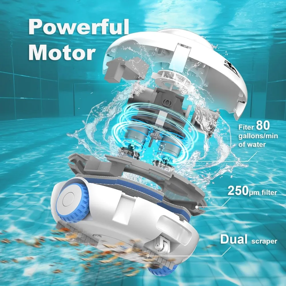 2024 Automatic Above Ground Pool Vacuum, Dual Motors Double Filters 7500mAh 120Mins for Flat-Bottom Pools