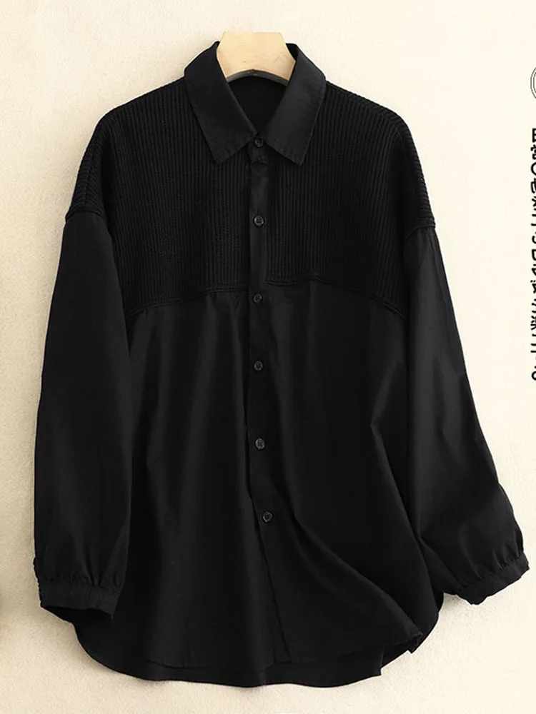 Spring 2024 Faion Knitted Patchwork Long Sve  Collar Casual Outerwear for plus Size Women Comfortable Cotton irt