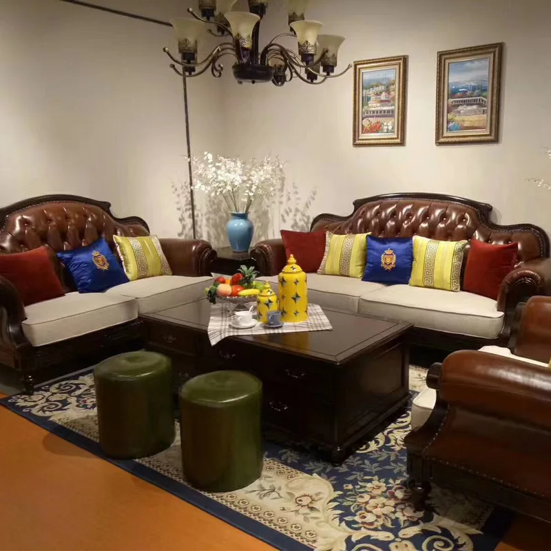 Retro country leather art leather sofa, villa living room all solid wood three-person solid wood furniture first layer cowhide