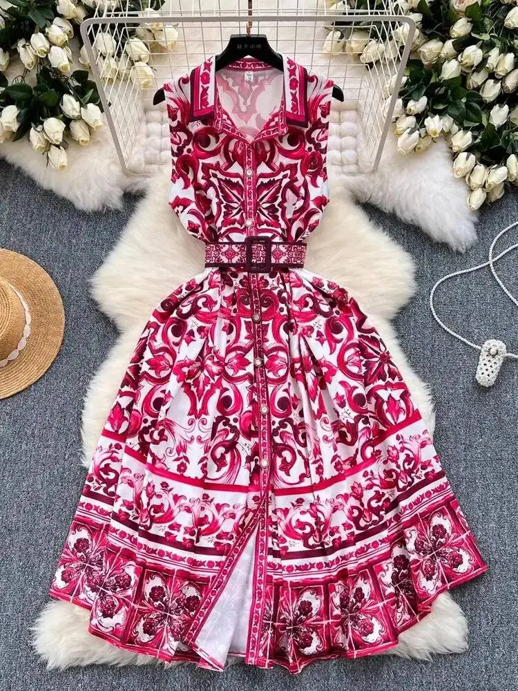 JAMERARY แฟชั่นฤดูร้อน Holiday ดอกไม้ Midi เสื้อผู้หญิงแขนกุด Baroque พิมพ์เข็มขัดยาว Vintage Party Vestidos