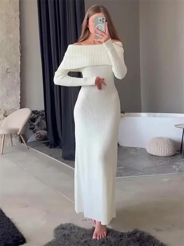 

Trendix Ribbed Knitwear Elegant Dress Women's Winter Sexy Off Shoulder Bodycon Long Sleeve Maxi Dresses Party Knit Evening Dress