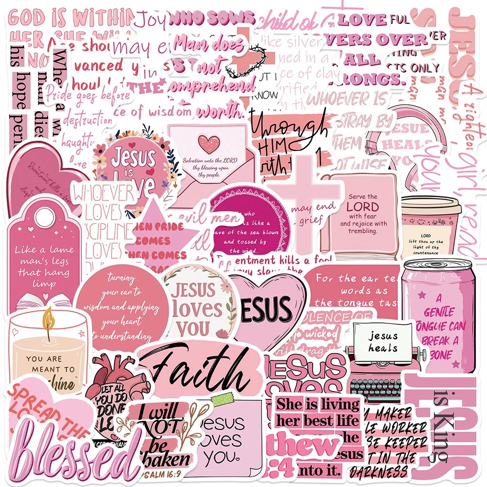 10/30/50 autocollants roses avec citations bibliques sur Jésus, esthétiques, style graffiti, pour DIY, carnet, scrapbook, autocollants religieux chrétiens, dessins animés