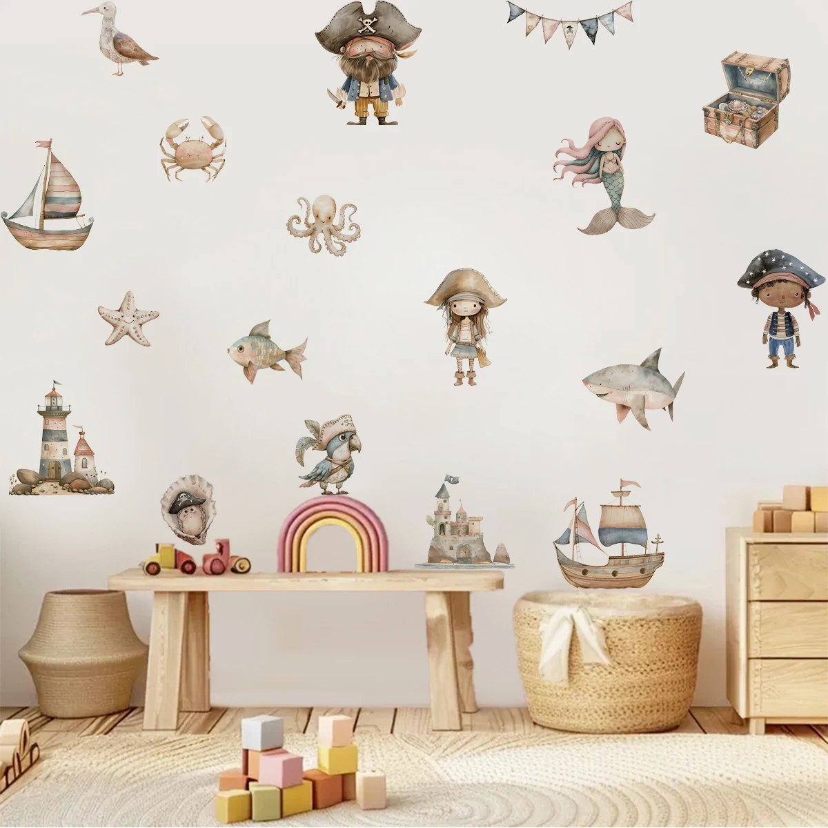 

Boho Ocean Pirates Treasure Sea Animals Wall Sticker Nursery Child Room Wall Art Decal Kids Room PVC Bedroom Living Home Decor
