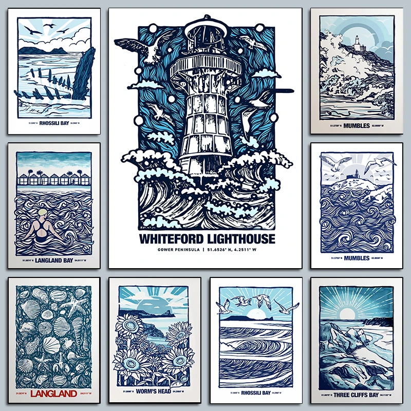 

Modern Beach Lighthouse Seagull Posters Gower Peninsula Surf Art Prints Sunflower Canvas Painting Wall Pictures Home Room Decor