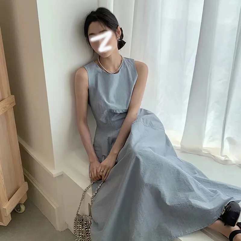 

Summer New Sle Women's Vest Dr Svel round Ne Commute Pure Color Long Skirt High Sense of Quali Versatile Women's Dress