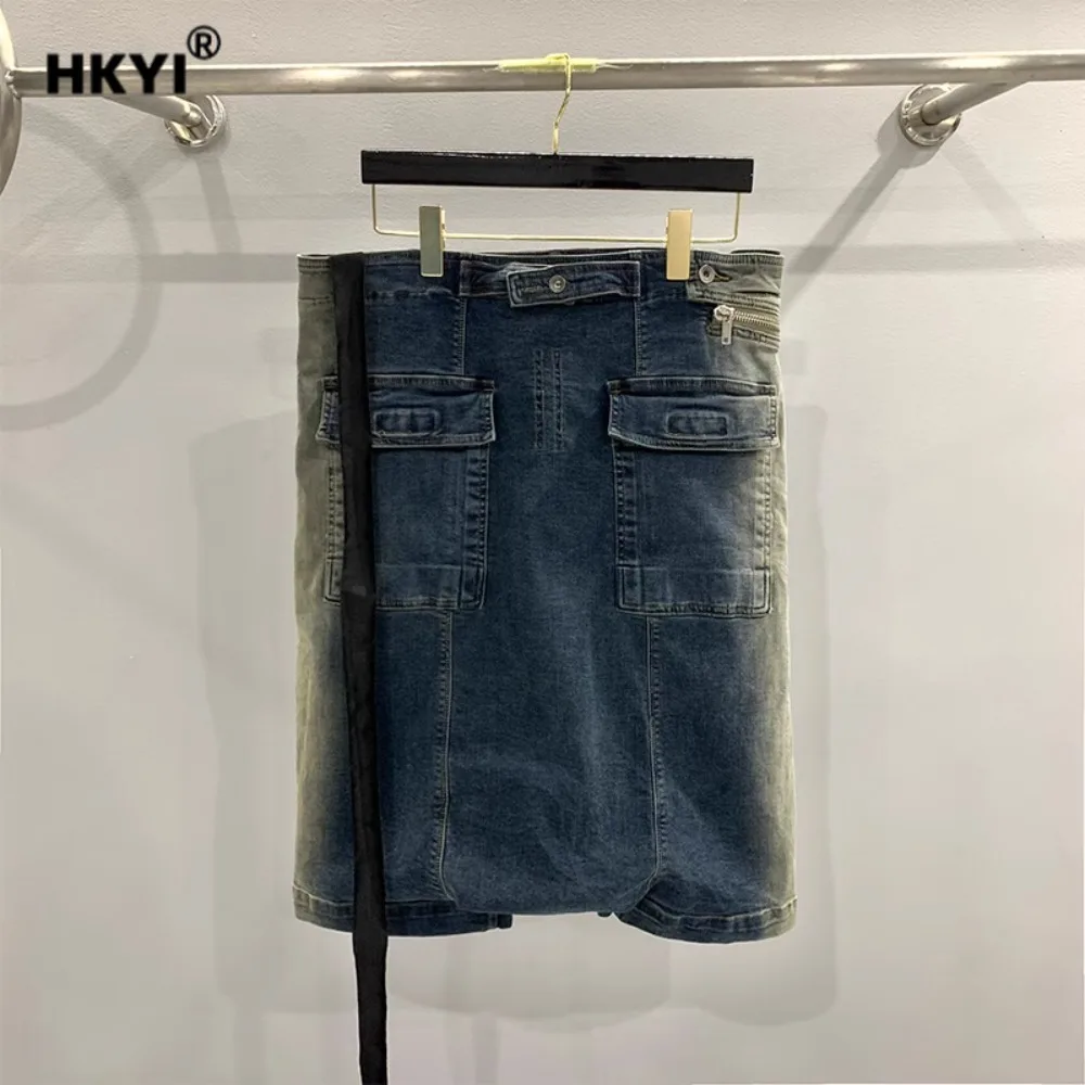HKYI mens jeans diagonal zipper washed gradient denim shorts for men's high street wear, drop crotch five quarter pants