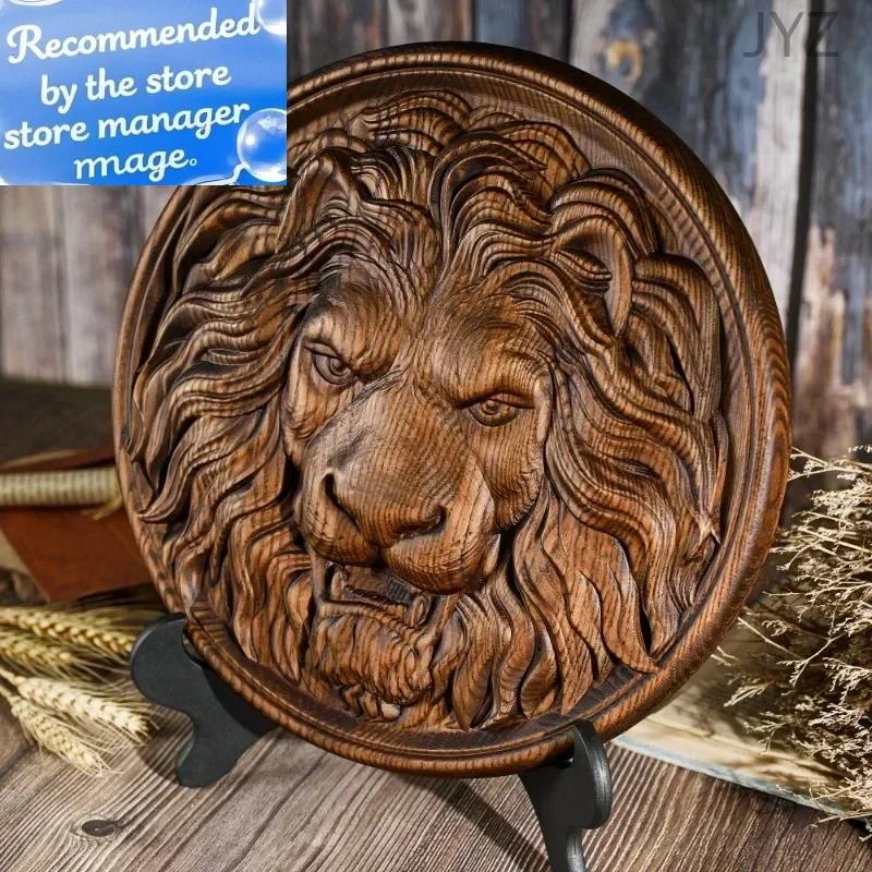 

Vintage Animal Lion Head Wood Carving Crafts Wall Hanging Plaque, Retro Style Carving Home Sculptures