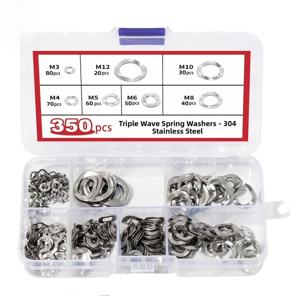 350pcs 304 Stainless Steel Three Wave Spring Washers M3-M12 Metal Gasket Sealing Plain Washers Spacer Shim For Bolts Screws