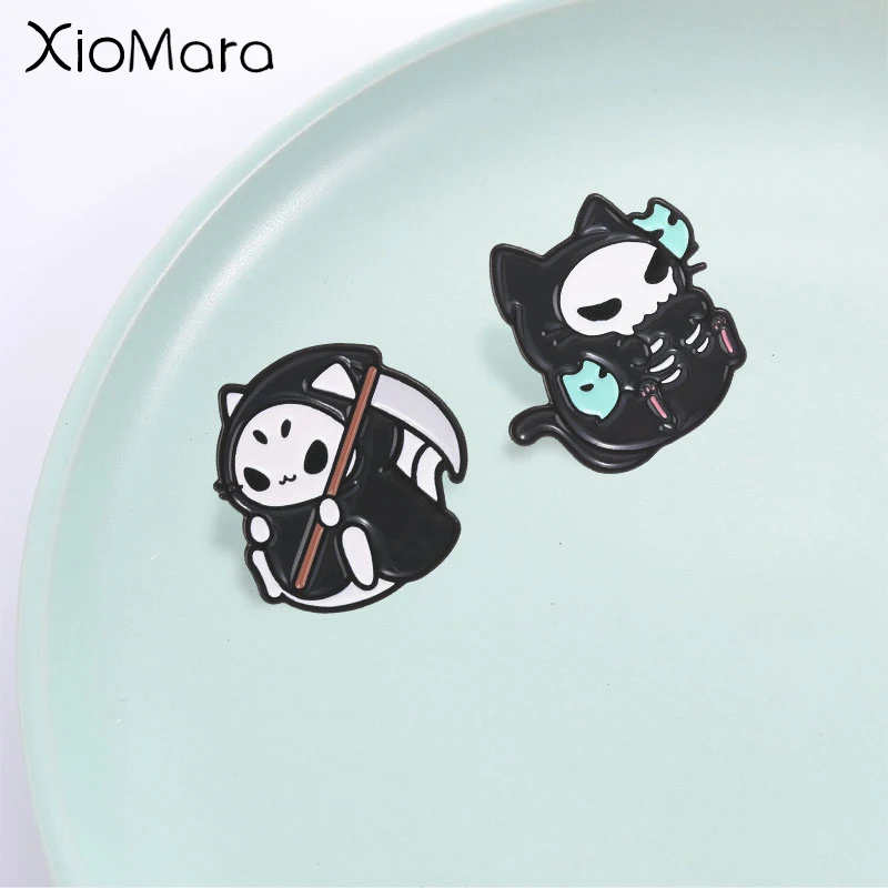 Cute Chubby Grim Reaper Cat Badge,Cartoon Skeleton Ghost Cat Enamel Pin,Fashion Accessory for Clothes and Bags,Gift for Friends