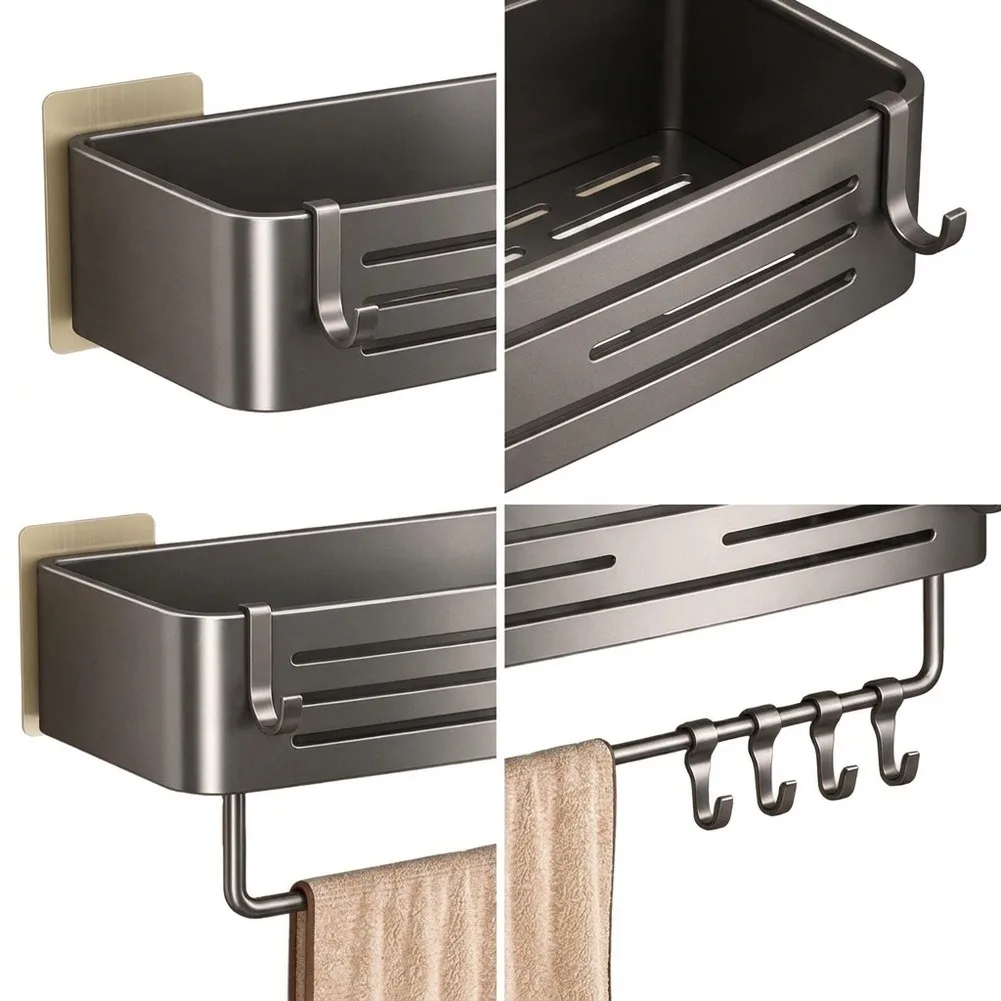 Rustproof No Drill Bathroom Shelf Aluminum Alloy Wall Mounted Organizer with Towel Bar and 4 Movable Hooks 32.5x12.5x6.5cm
