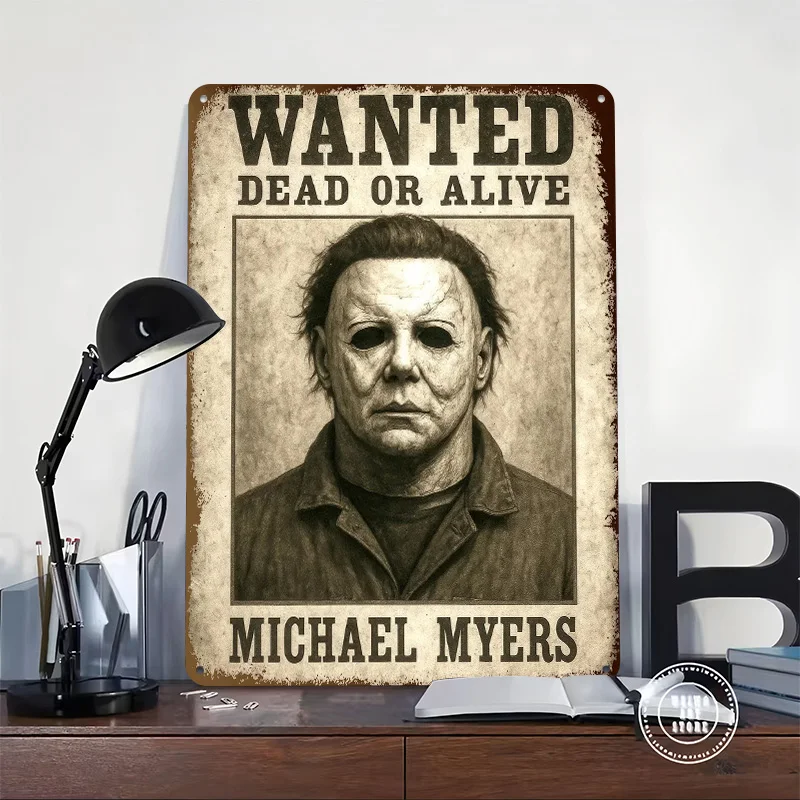 Michael Myers Wanted Halloween Printing Poster Customized Retro Wall Art Vintage Metal Signs for Gaming Room Decoration Cozy