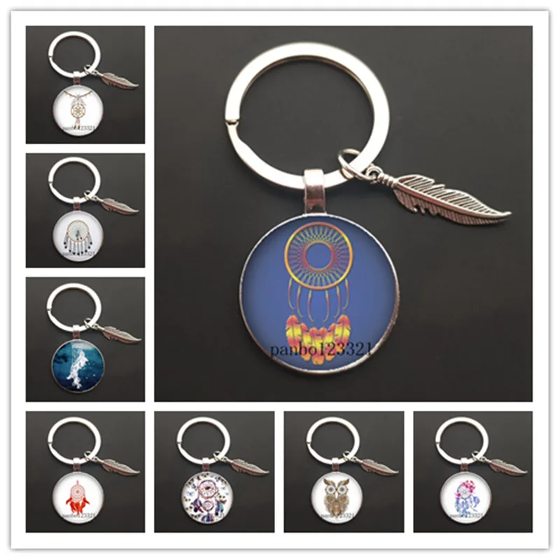 

new Fashion Dream Catcher Tone Key Chain Dream Catcher Feather Round Glass Convex Photo Keychain Gift