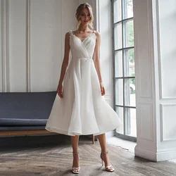 Short Wedding Dress 2022 A Line V Neck Simple Wedding Gown White Organza Satin Backless Tea Length Sleeveless Midi Bridal Dress