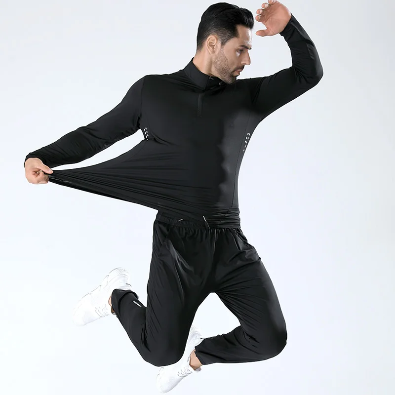 

Spring and fall 2024 men's long sleeved T-shirt zipper running stretch training suit new solid color quick dry collar POLO