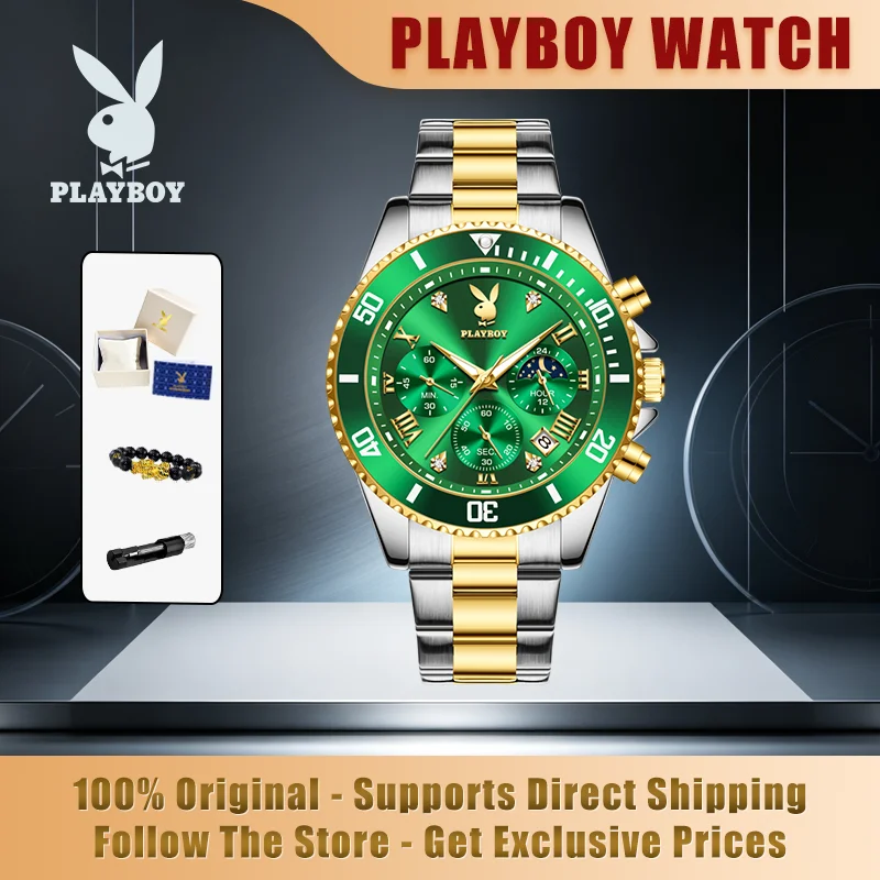 PLAYBOY 3506 Brand original authentic watches for man luxury Gift Box Solid steel belt chronograph calendar quartz men's watch