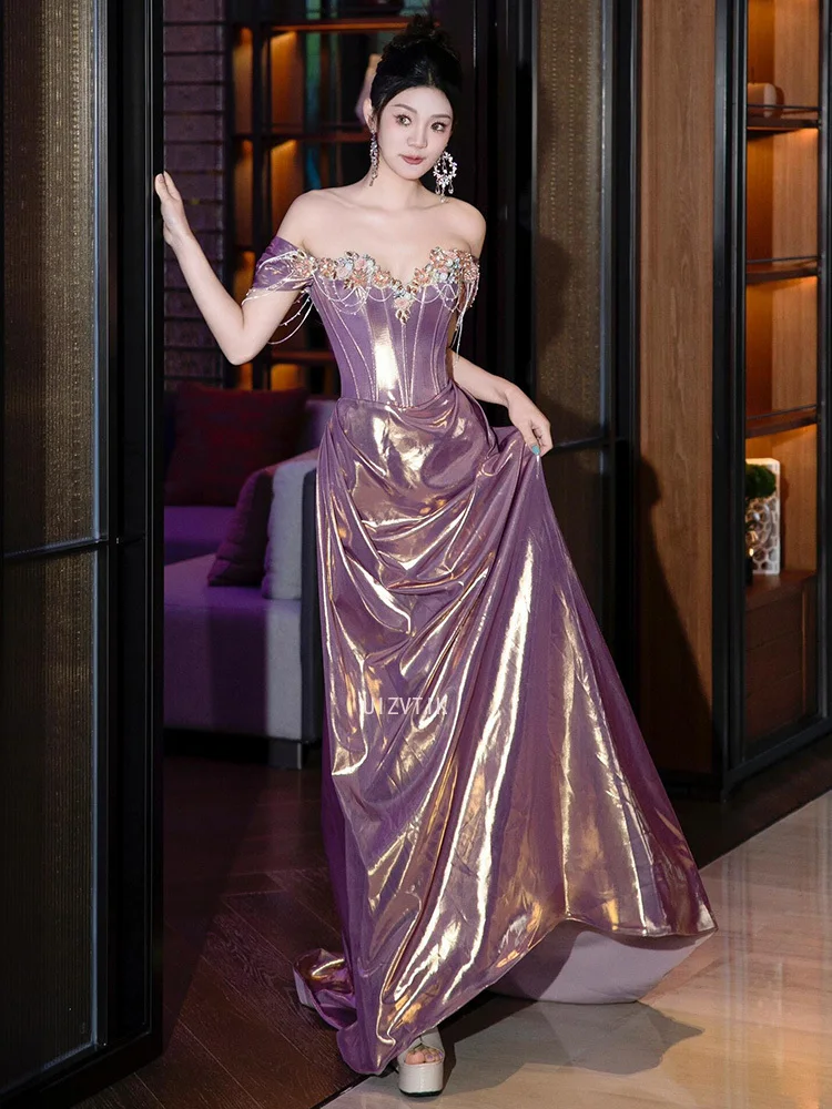2025 roxo vestido de festa à noite feminino cetim fora do ombro frisado vestido de baile luz luxo banquete sereia vestido de ocasião formal