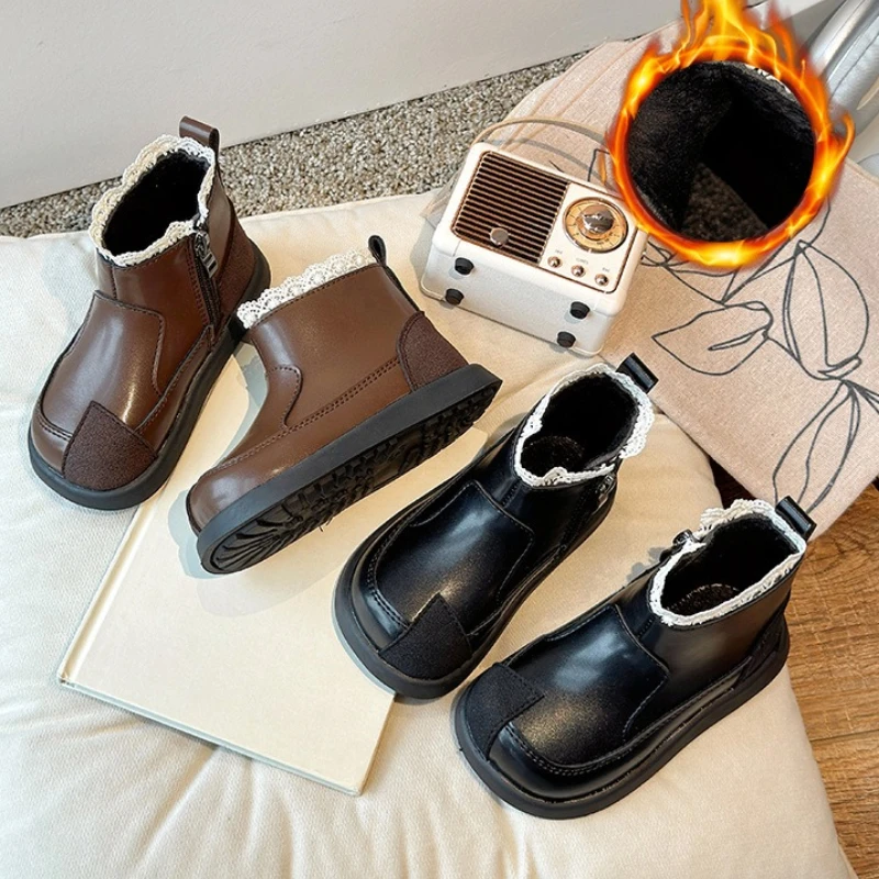 

Child Snow Boot2025winter New Korean Version Girl Flat Lace Boots British Style Girls Anti-skid Princess Shoe Girl Fashiona Boot