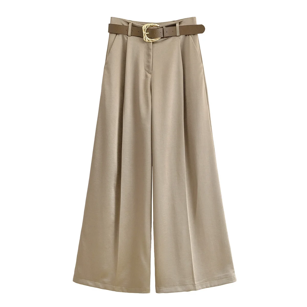 Women High Waist Wide Leg Pants With Belt Summer Chic Streetwear Female Casual Loose Straight Trousers Lady Leopard Satin Pants