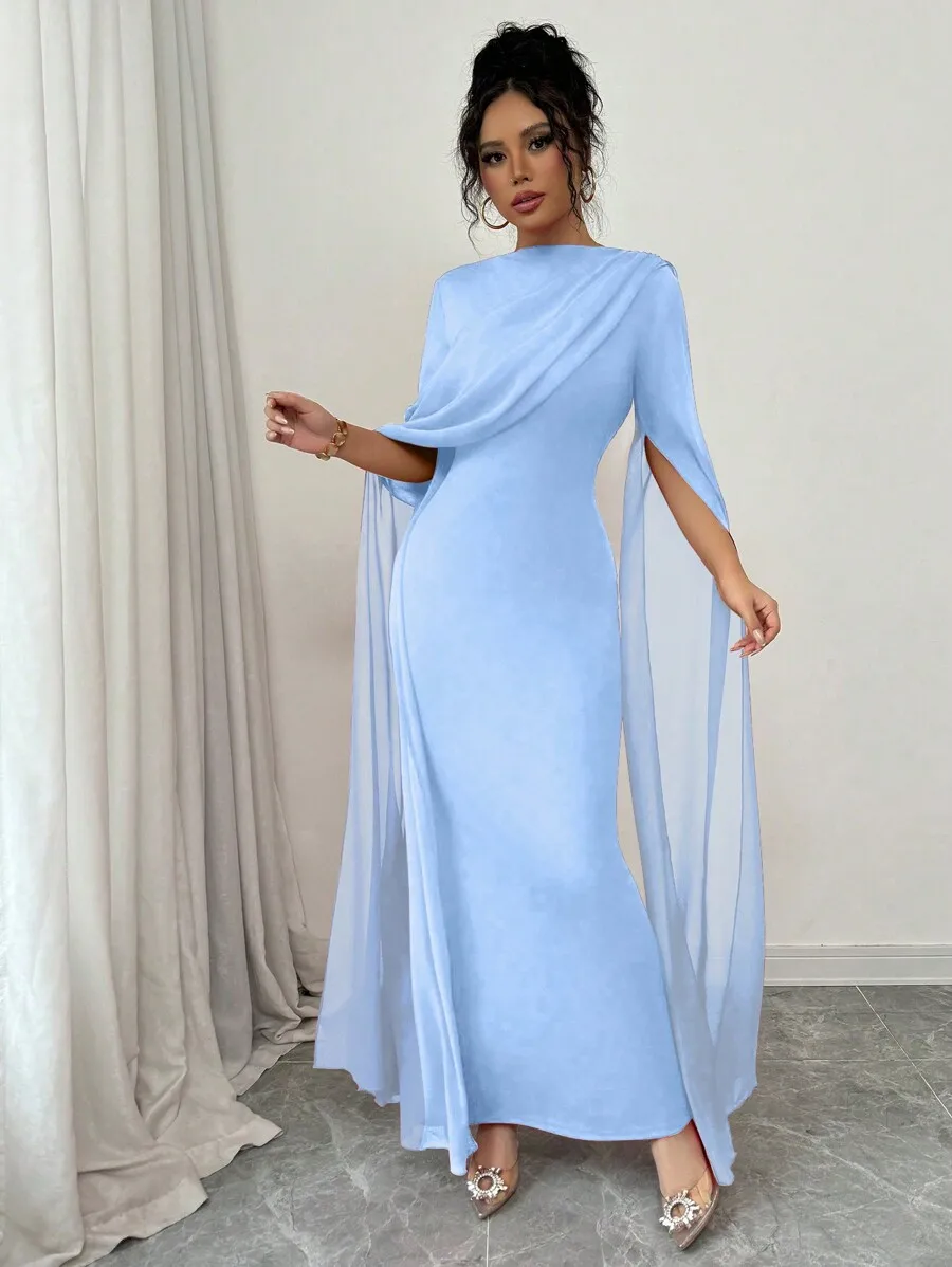 

Elegant Sheer Drape Shoulder Bodycon Gown With High Slit Floor Length Prom Dress For Women