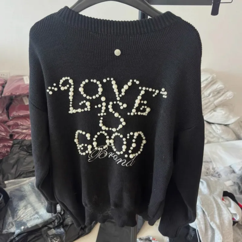 Real Photo Black Sweater GOODBRAND Pearl Logo Shoulder Button Pullover Winter Street Fashion Knitted Long Sleeve Men Women Tops