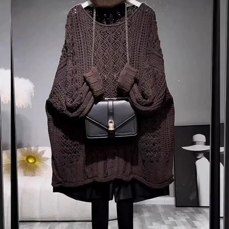 

French Style Vintage Hollow Out Long Sweater Women Autumn New O-Neck Knitted Pullover Fashion Loose Knitwear Jumper