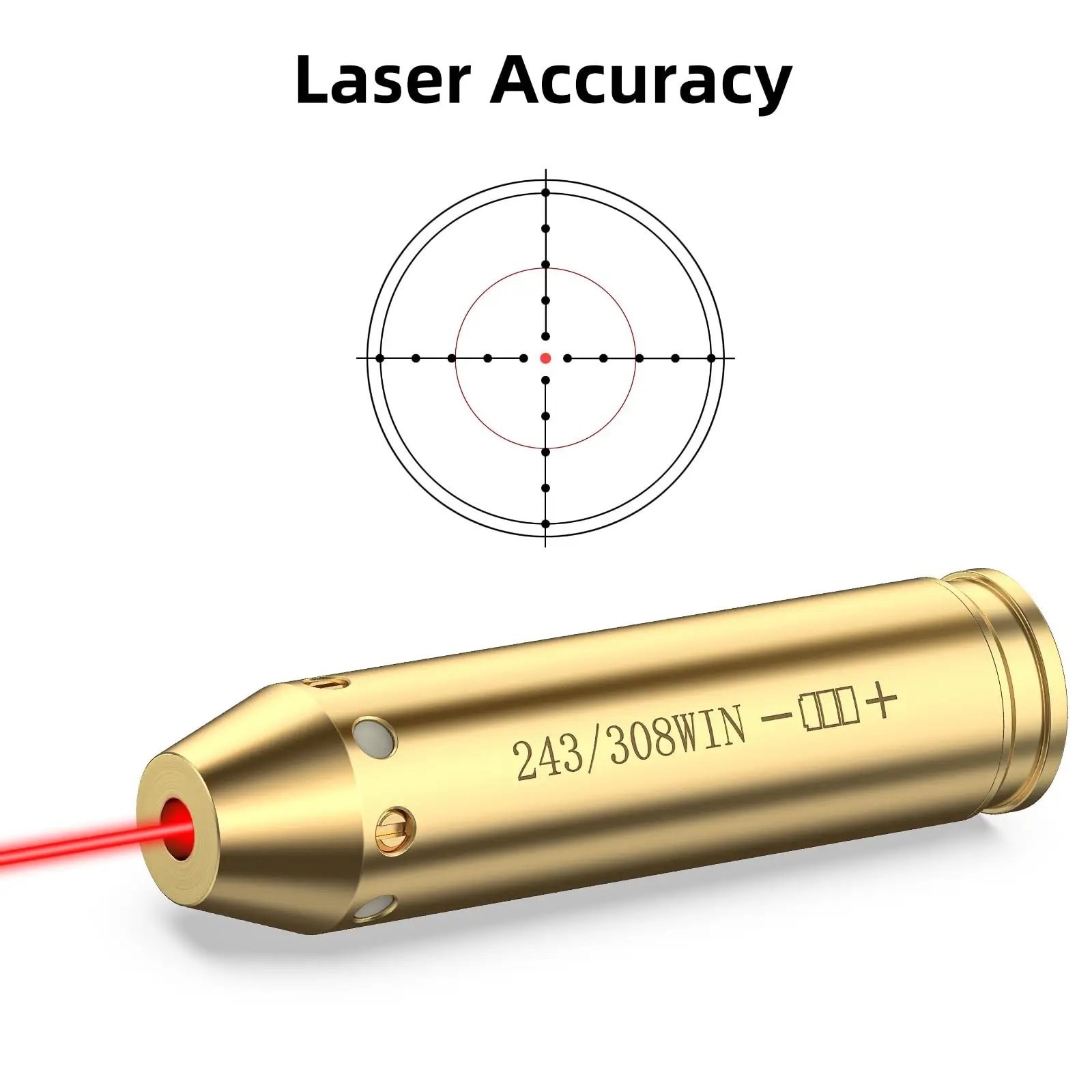 Laserowy kolimator EZshoot 243 308 z czerwonym laserem, przenośnym etui i dodatkowymi bateriami do celowania w polowaniu.
