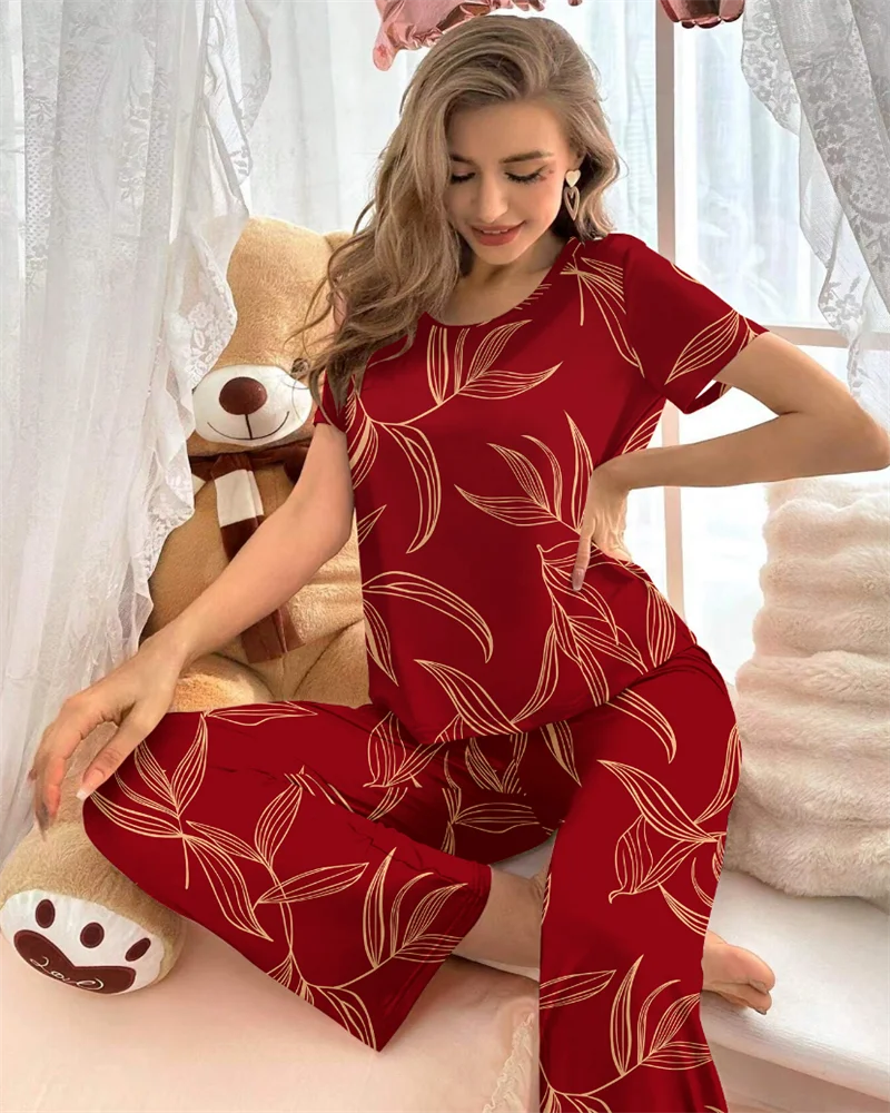 Red bamboo printed pajama suit short sleeved round neck top and elastic belt trousers women\'s pajamas and home wear