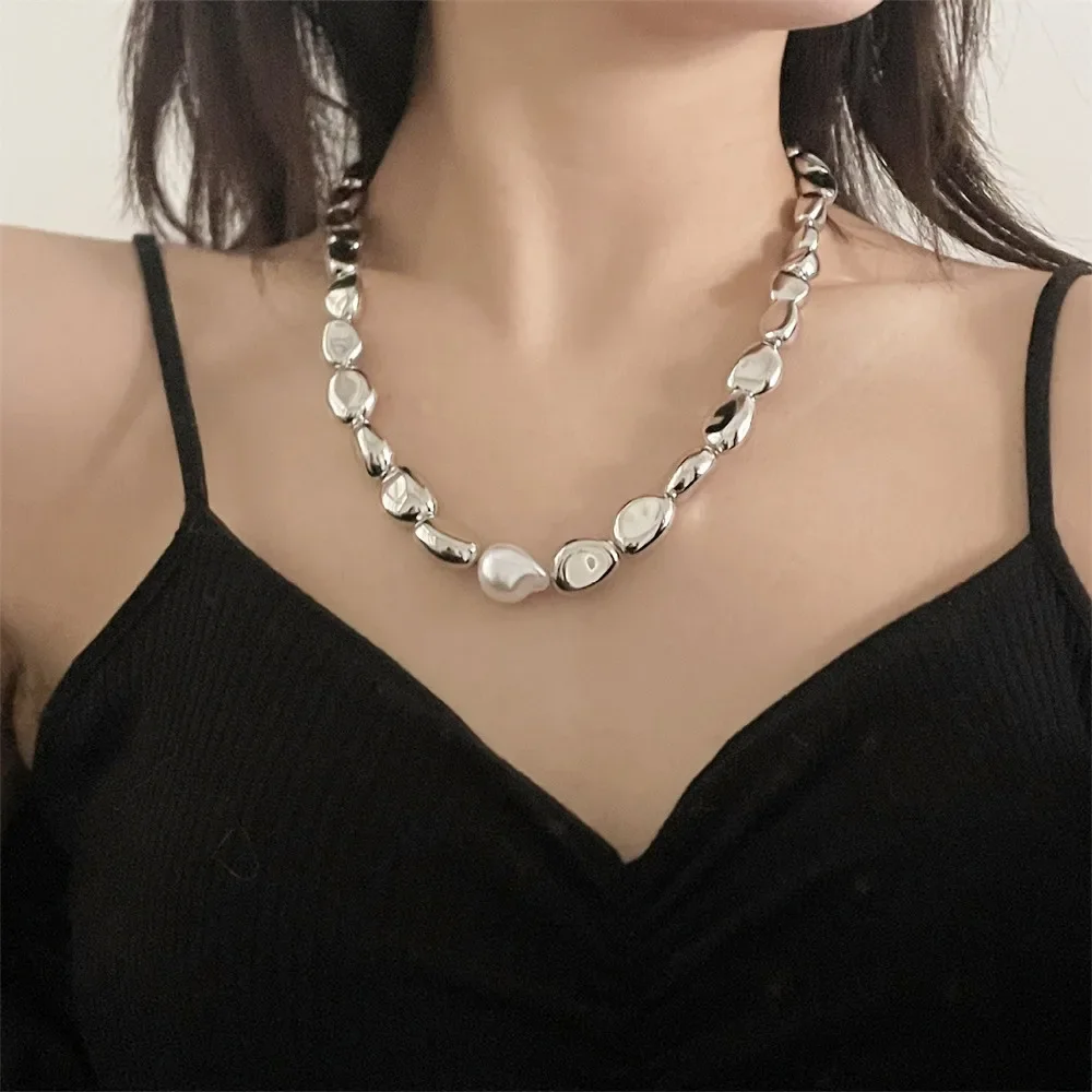 Vintage Silver-plate CCB Geometric Chain Artificial Pearl Necklace For Women Female Fashion Boho Y2K Girl Jewelry Gift