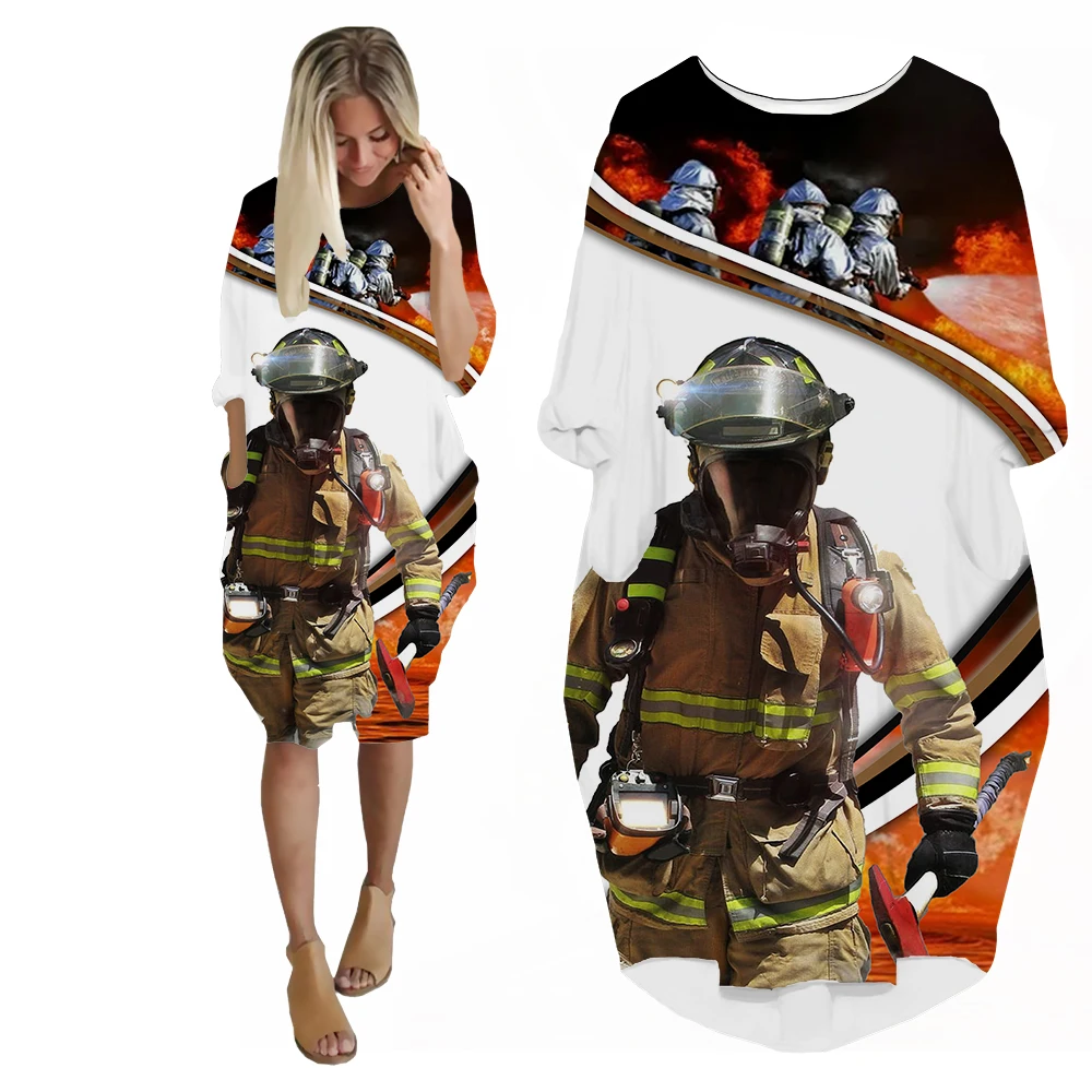 SONSPEE New Firefighter 3D Print Women's Dress Cool Amazing Designs Long Sleeve Fire Guard Pocket Skirt Lady Loose Streetwear