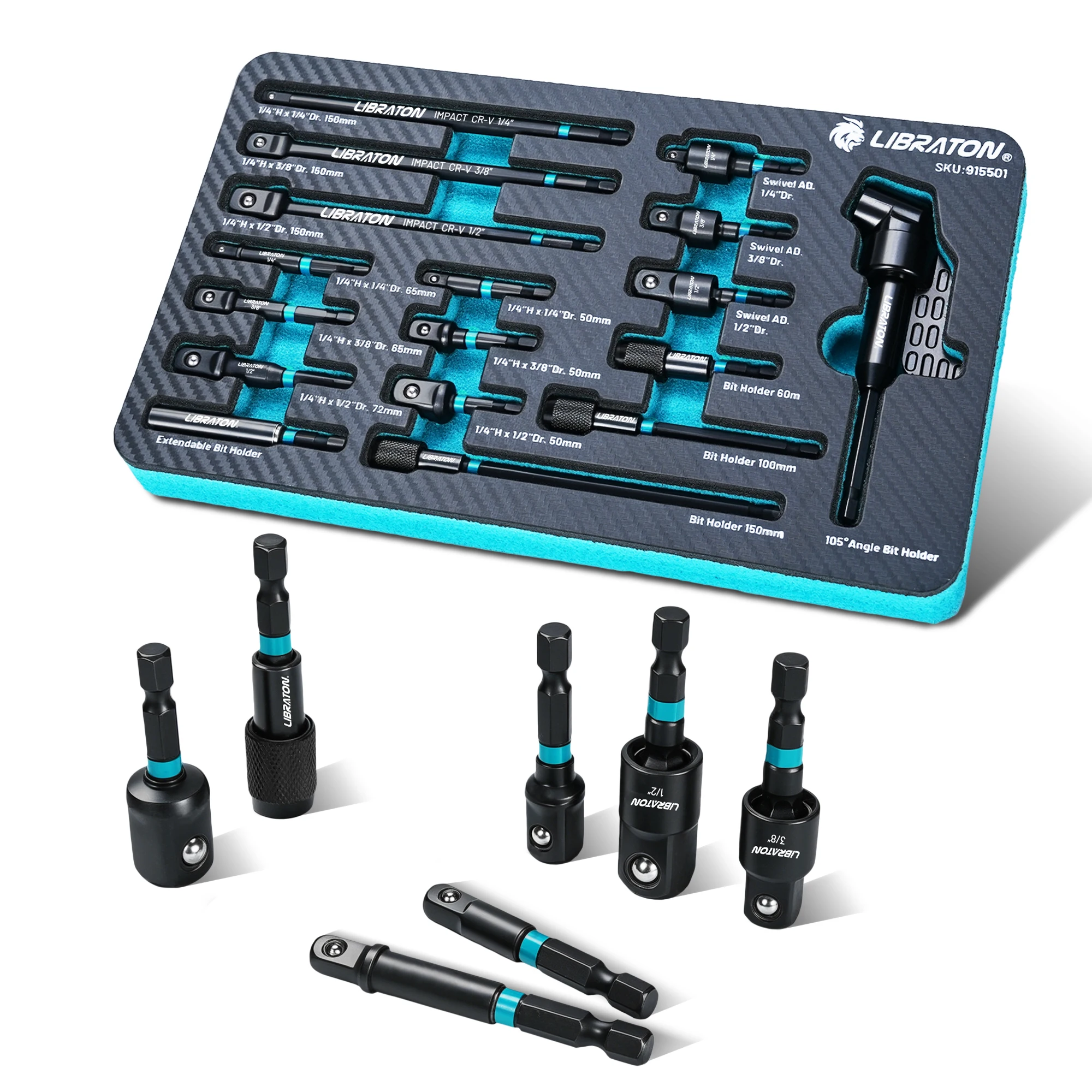 LIBRATON 17PCS Impact Socket Adapter Set with Swivel and Angle Attachments 1/4