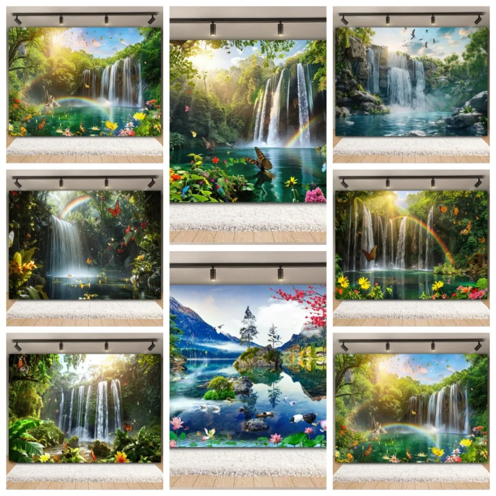 

Natural Waterfall Mountain Rainbow Tropical Forest Backdrop, Children's Birthday Portrait, Home Decoration Photography Backdrop