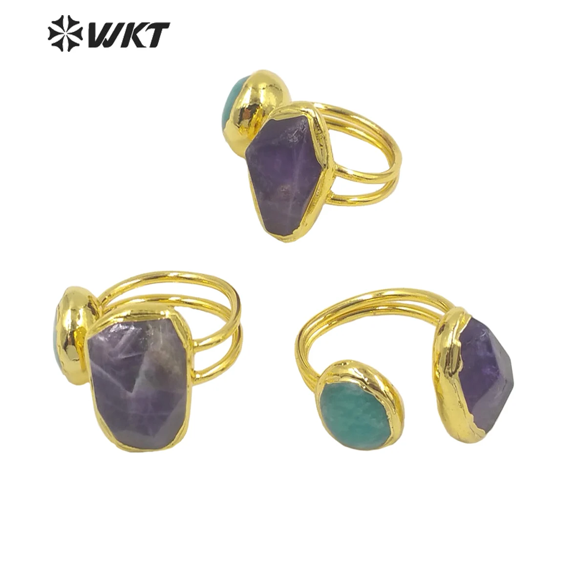WT-R415 WKT newest fashion double stone open size adjustable women gold stone Ring natural Amethyst stone aniversary gift Ring