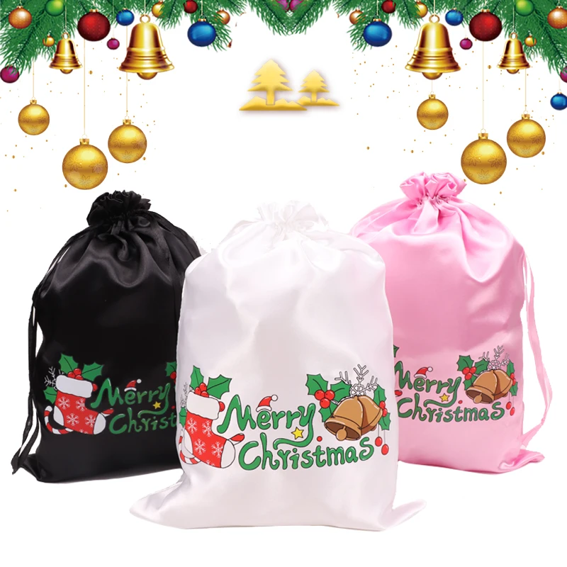 Wig Storage Bags With Merry Christmas Printed Pink Satin Silk Bags For Chic Smooth Fabric Packaging Bag For Hair Extensions 3Pcs