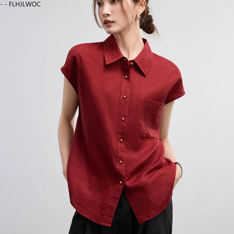 Thin Airy Pure Cotton Linen Shirt Women New Arrival Soft Loose Blouse Wine Red Comfortable Relaxed Casual Retro Vintage Tops