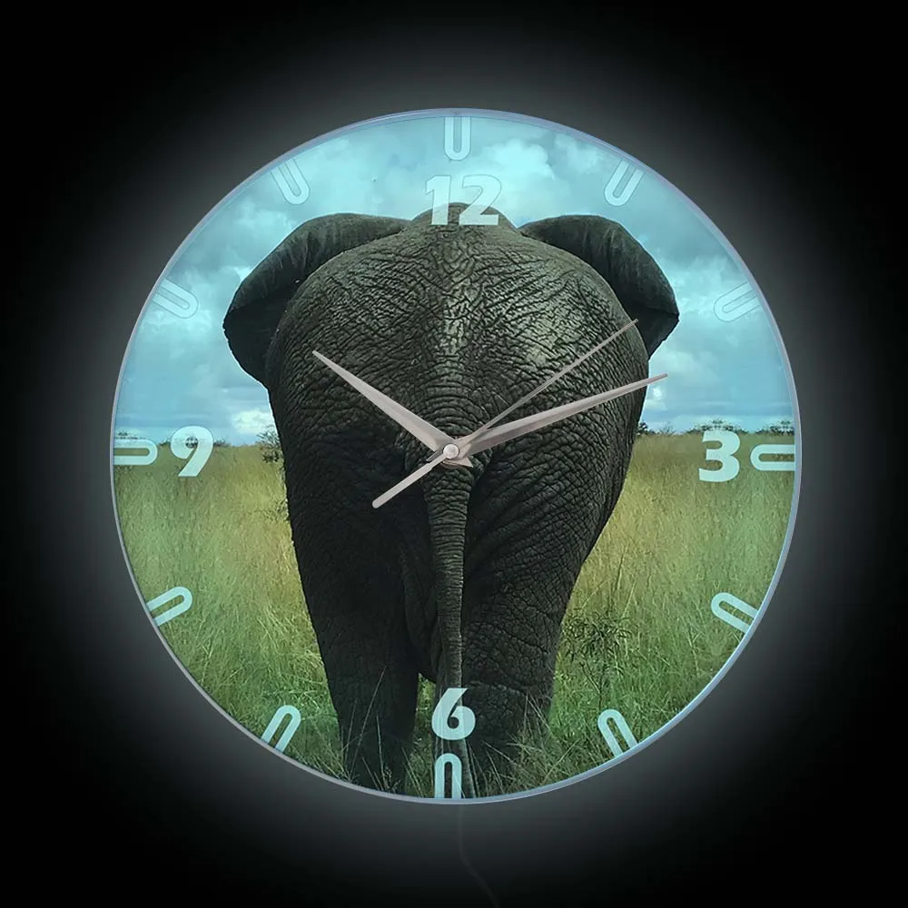 

Elephant Nice Butt Modern Design Luminous Wall Clock For Kids Room Funny Animal Wall Art Home Decor Glowing LED Nightlight Clock