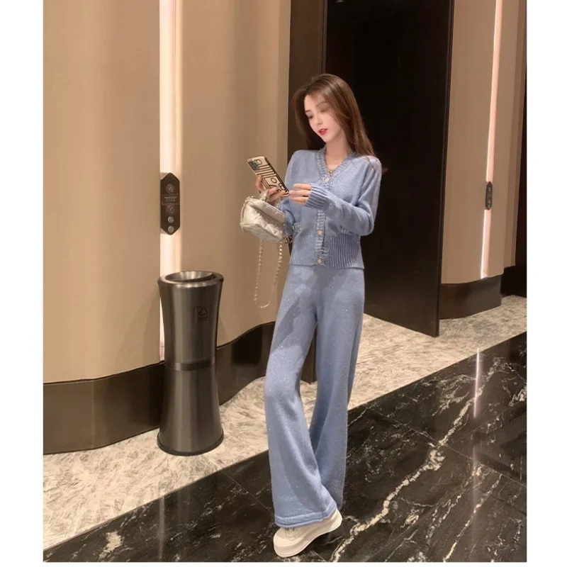 

Small Fragrant Wind Suit For Women's 2023 Spring/Autumn High End Celebrity Style Casual Knitted Wide Leg Pants Two Piece Set