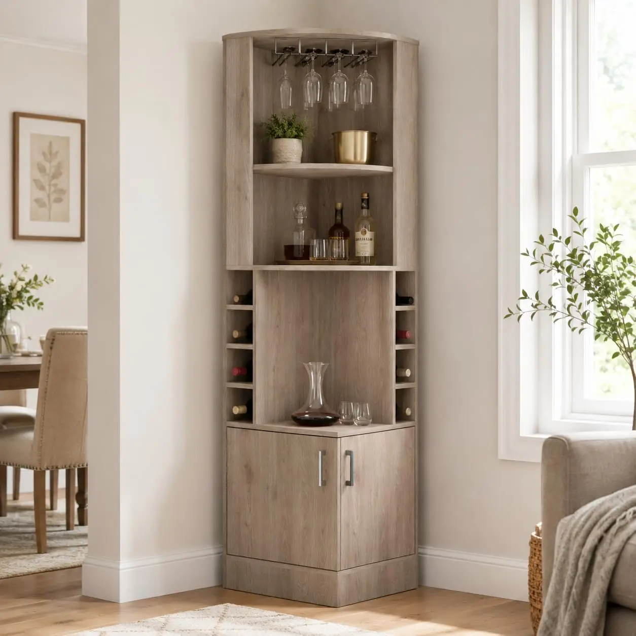Corner Bar Cabinet 8 Bottle Cubbies 2 Open Shelves 12 Glass Rack Light Gray, Customized