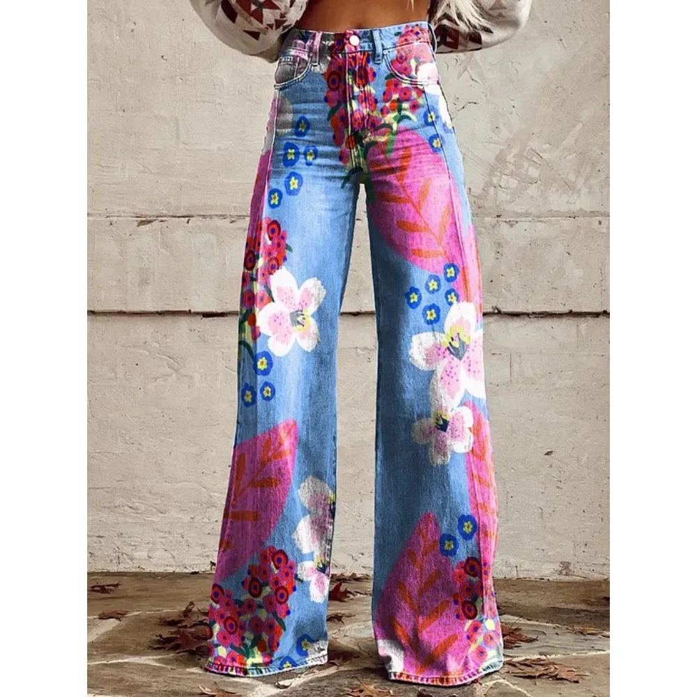 Damen Blaue Orientalische Pflaumenblüten-Druck Hose mit Hoher Taille und Weitem Bein Vintage Blumenmuster Y2K Ästhetik Lose Hose Retro Streetwear – Detail 12